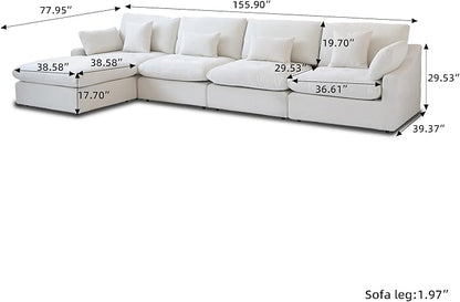 156" Cloud Couch Modular Sectional Sofa with Ottoman,L Shaped Down Couch, Down Filled Convertible Sofa,Cover Washable and Replaceable Couches for Living Room,White