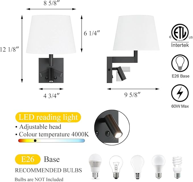 XiNBEi Lighting Hardwired Wall Sconce with LED Integrated Reading Light, Bedroom Wall Lamp with Linen Fabric Shade & On/Off Switch Modern Bedside Sconce Lighting Fixture, Matte Black XB-W468-LED-MB