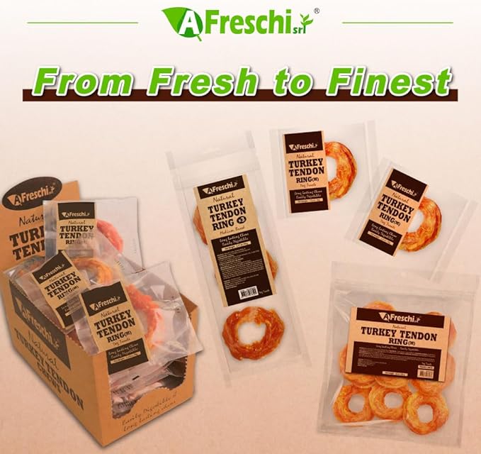 AFreschi Turkey Tendons for Dogs, USA-Sourced, Healthy Dog Treats, Rawhide-Free Puppy Chews, Long Lasting, All Natural, Hypoallergenic Dog Treats for Medium Breeds, 10 oz Pack Ring (M)