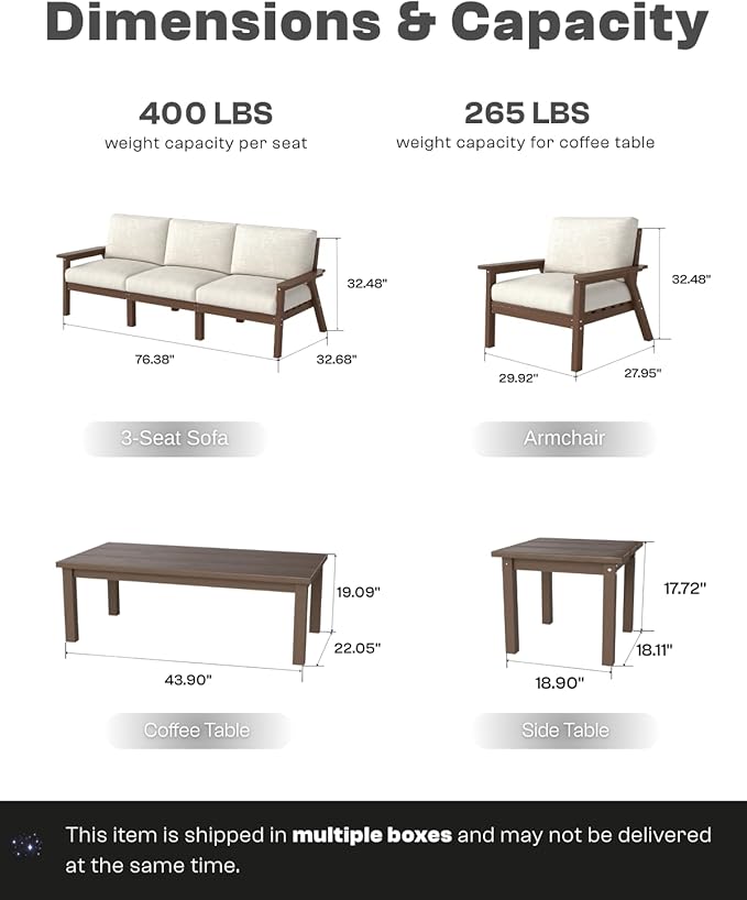Patio Kingdom 7 Piece Patio Furniture Set, HDPE Outdoor Sectional with Beige Washable Thick Cushions, Coffee Table & Side Table, Patio Conversation Sets for Lawn, Garden, Porch, Balcony (Brown Frame)