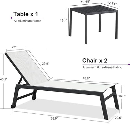PURPLE LEAF Outdoor Chaise Lounge Set for 2 Oversized Pool Lounge Chairs with Easy-to-Move Wheels and Adjustable Backrest Extra Large Patio Loungers for Poolside Deck Beach Yard Table Included, Linen