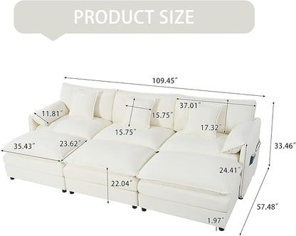 109.45" Oversized Extra Deep Seat Modern Chenille Cloud Couch, Large 3 Seater Modular Sofa for Living Room,Convertible Sofa Bed,Bedroom Apartment Office (White, 109.45 Inch+3Ottoman)
