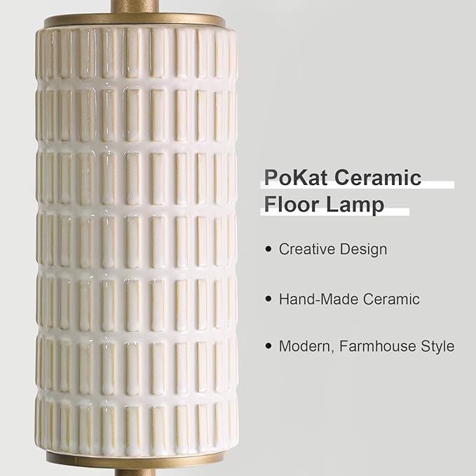 PoKat Antique Gold Ceramic Floor Lamp for Living Room Bedroom, 64" Modern Tall Standing Lamp with Rotary Switch, Traditional Living Room Lamp for Corner, Home Office, Nursery, Warm Gold