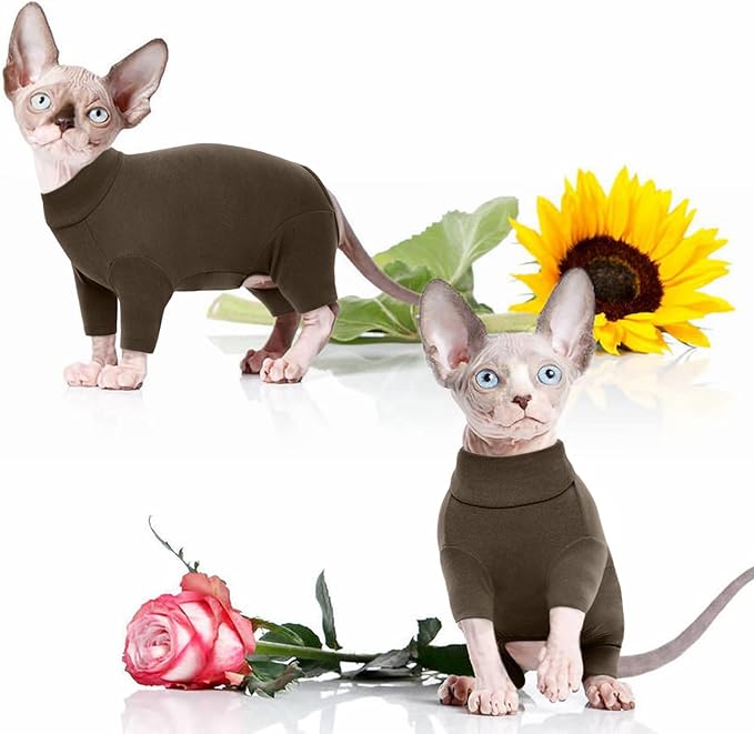 ROZKITCH Hairless Cat Sweaters, Breathable Soft Pet Jumpers for Cats Only, Coat with Four Legs, Warm Sweater T-Shirt Pajamas Jumpsuit Vest Cornish Rex Devon Rex Peterbald Coffee XL