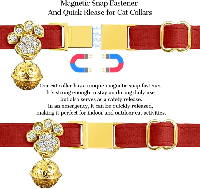 Personalized Breakaway Cat Collars - Magnetic Buckle, Bell - Safety Quick Release, Customized for Girls & Boys Cats- (Velvet-Red)