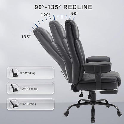 Reclining Office Chair with Footrest, 400Lb Big and Tall Office Chair with Lumbar Support, Pu Leather Recliner Office Desk Chairs with Wheels High Back Ergonomic Computer Desk Chair for Adult,Black