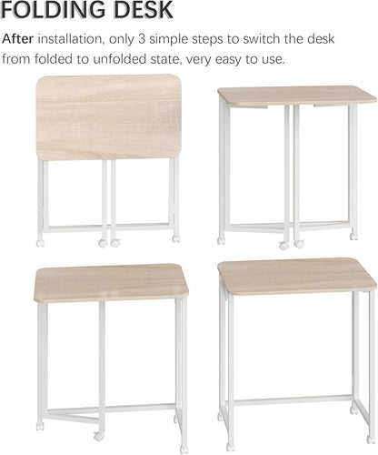 4NM 23.6" Mobile Small Rolling Computer Desk, Folding Laptop Cart Table with Wheels, Portable Office Desk for Small Space Couch Bed - Natural and White