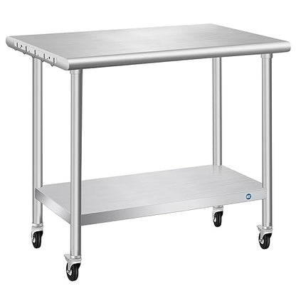 PIUMACU Stainless Steel Table with Wheels 24 x 36 Inch Commercial Stainless Steel Prep Table, Metal Table for Kitchen Restaurant Garage