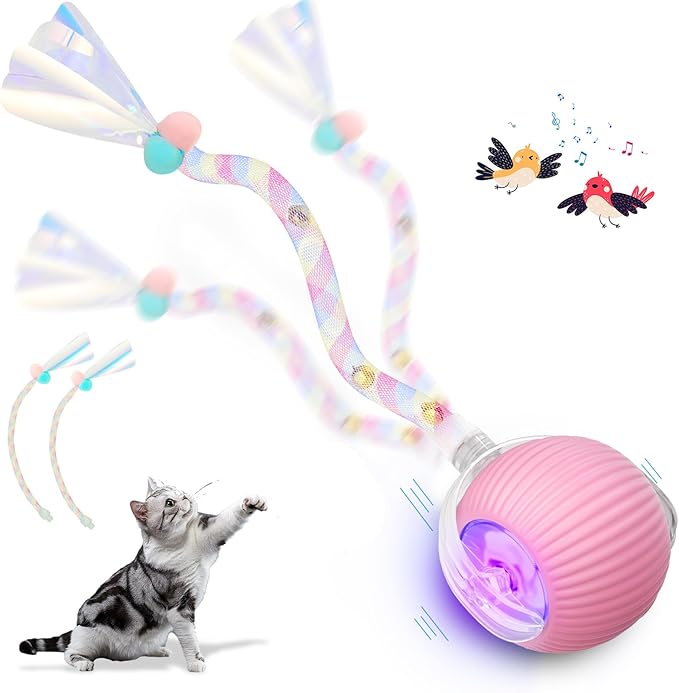 Interactive Cat Toys for Indoor Cats, Interactive Cat Ball Toy with Elastic Mesh Tail, Automatic Cat/Kitten Toys with Chirping & Motion Activate, Cat Toys for Bored Indoor (Pink)