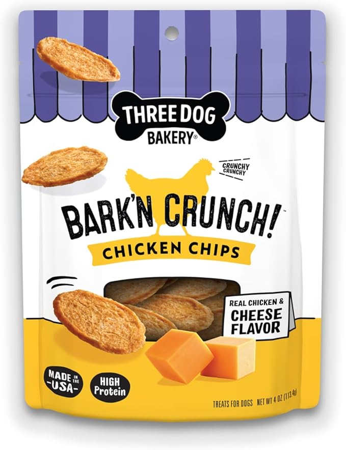 Three Dog Bakery Bark’N Crunch! Chicken Chips, Small 4oz, Cheese Flavor, Crunchy Dog Treats, Two Ingredients, High Protein Snacks, Chicken Treats, Low Calorie Healthy Training Treat, Made in USA