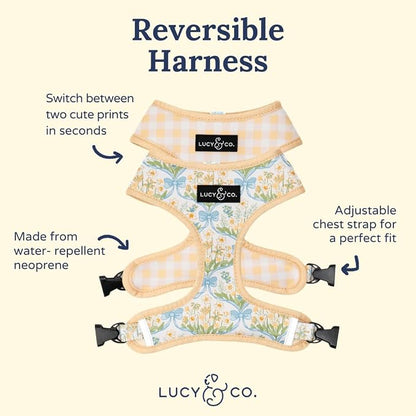 Lucy & Co. Reversible Dog Harness - Water-Repellent Neoprene, Dual-Print Design, Easy Swap Style, Adjustable Comfort Fit - Sunshine Daffodils Reversible Harness - Small