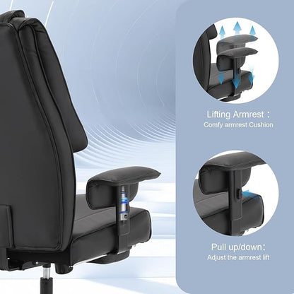 500lb Big and Tall Office Chair, Reclining Office Chairs with Footrest, High Back Leather Executive Computer Chair with Wheels Recliner Home Desk Chairs with Lumbar Support for Heavy People,Black