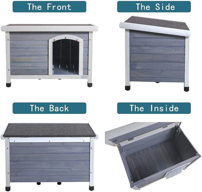Petsfit Large Dog House, Wooden Outdoor Dog Kennel w/Hinged Roof, Weatherproof Dog Houses for Small Dogs Outside w/Adjustable Foot Pads, 33.7" L X 22.6" W X 23" H, Grey