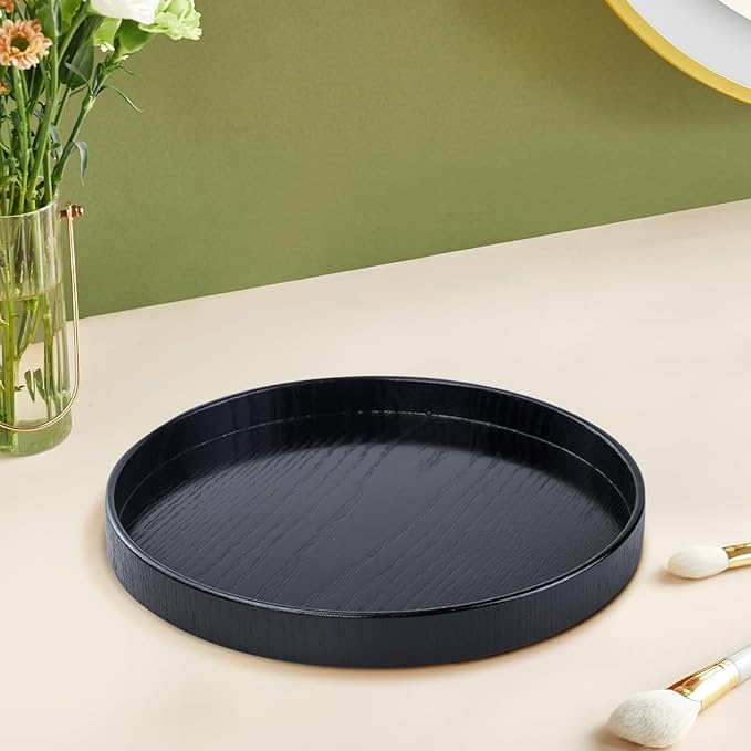 Round Solid Wood Serving Tray 21CM Black,Decorative Wooden Serving Plate for Tea Coffee Snack Food Meals,Ottoman Breakfast Tray with Raised Edge,for Home,Kitchen,Bathroom,Party,Restaurant Decor(8.26")