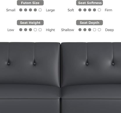 89” Futon Sofa Bed,Futon Couch Bed with 2 Square Pillows,Convertible Sleeper Sofa with Adjustable Backrest& Armrests, Modern Loveseat Sleeper for Living Room, Bedroom,Faux Leather Dark Gray