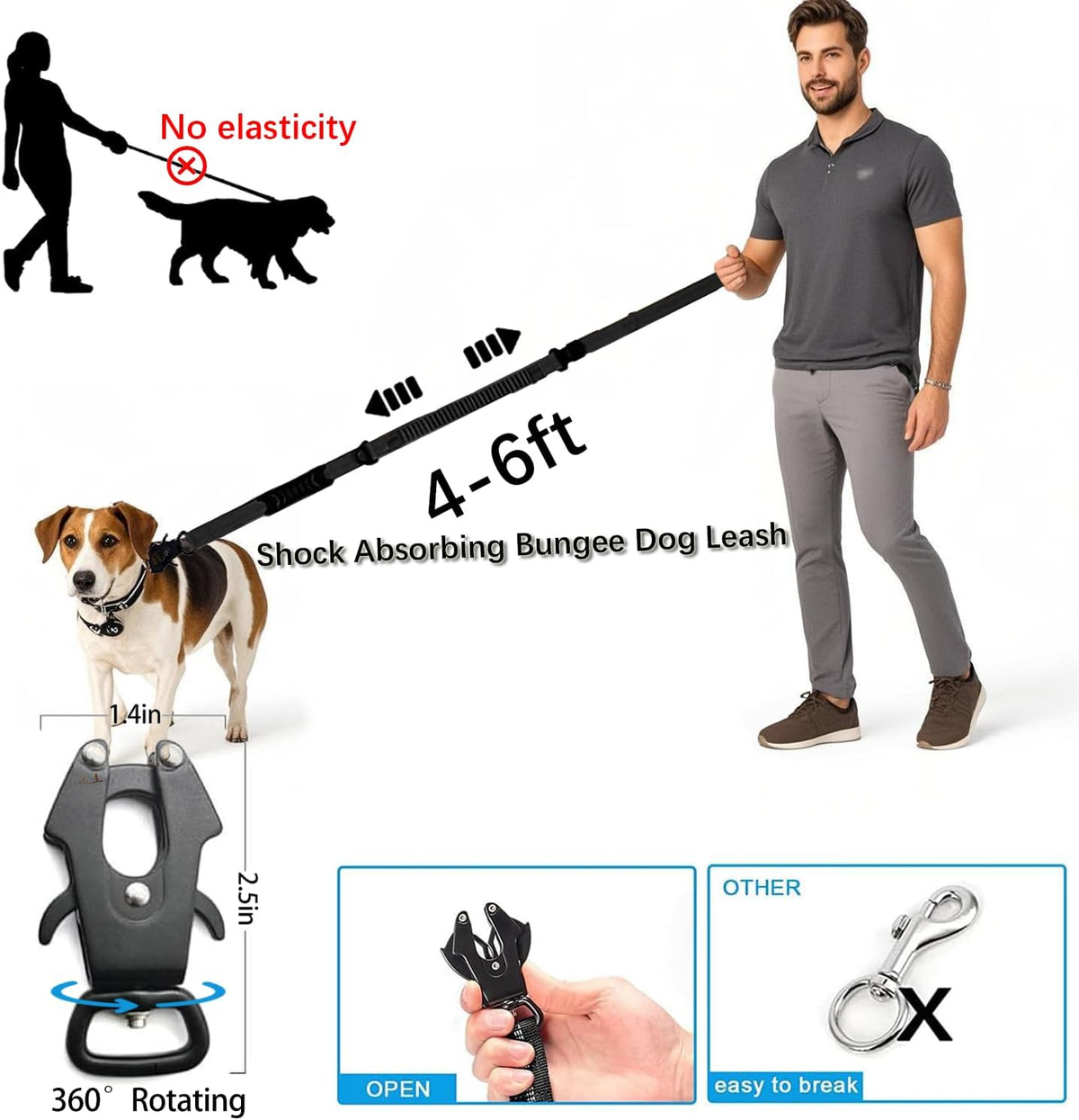 4-6FT Heavy Duty Dog Leashes for Large Dogs, Shock Absorbing Bungee Tactical Leash with 2 Padded Handle, Car Seatbelt and Metal Carabiner Clip, Strong No Pull Dog Leash for Medium