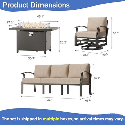 RTDTD Aluminum Outdoor Patio Furniture Set,4 Pieces 5 Seats Patio Conversation Sets with 45" Propane Fire Pit Table,Metal Patio Sectional Furniture Set with 2 Swivel Rocking Chairs,Sand