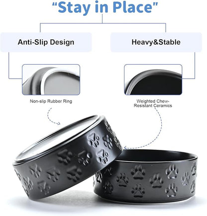 SPUNKYJUNKY Ceramic Dog Bowls 2 Pack, 7.3'' Dog Food Water Double Feeding Bowls Non-Slip for Medium to Large Sized Breed Microwave Dishwasher Safe - 42 OZ, 2pcs, Paw Black