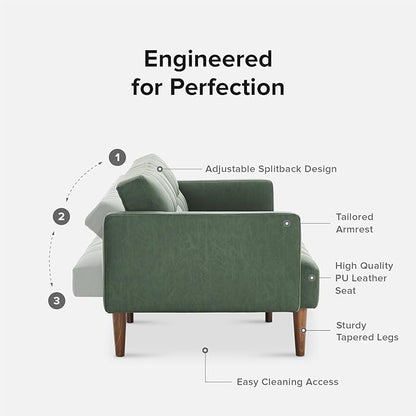 mopio 76.4" Futon Sofa Bed, Couch, Loveseat, Sleeper Sofa, Mid Century Modern Futon Couch, Sofa Cama, Couches for Living Room (Aaron PU, Sage Green)