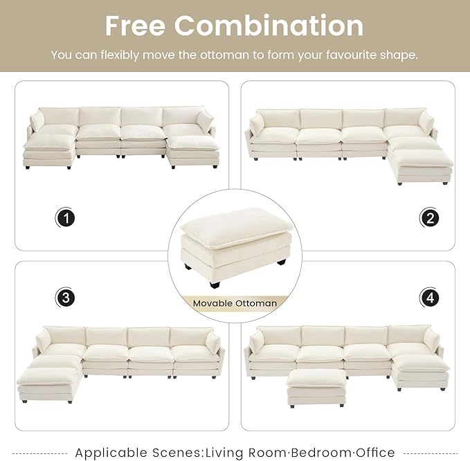 ROWHY Oversized Modular Sectional Couch with 2 Movable Ottoman, 148" Modern Convertible U Shaped Sofa Set, 4 Seat Comfy Cloud Couch with 2 Throw Pillows, for Living Room and Office, Chenille, Beige