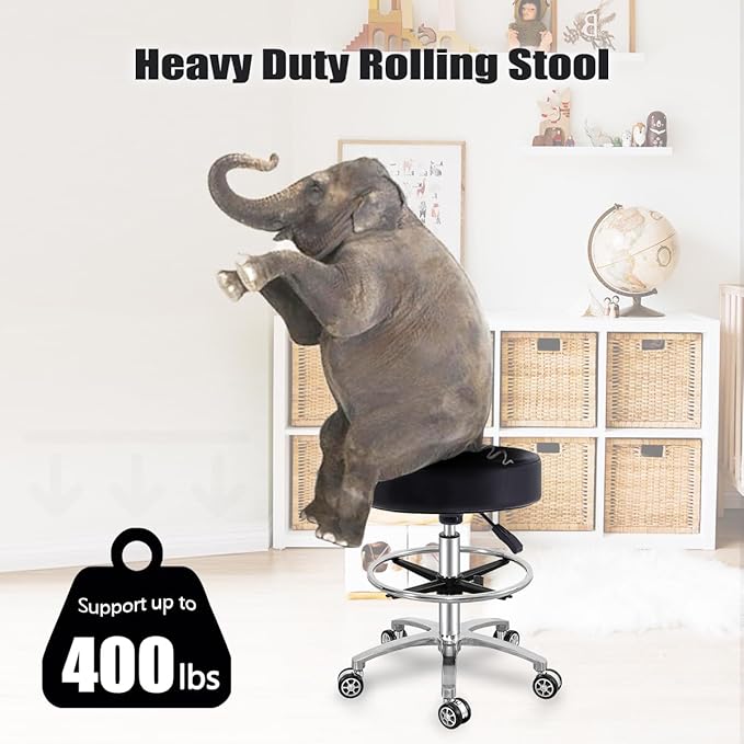 Antlu Rolling Stool Swivel Chair for Office Medical Salon Tattoo Kitchen Massage Work,Adjustable Height Hydraulic Stool with Wheels (Black, with Foot Rest)