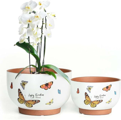 YBX 8 Inch + 6 Inch Terracotta Plant Pots, Flower Pots for Indoor Plants with Drainage, Planters with Butterfly Accent for Indoor Plants (Tropical)