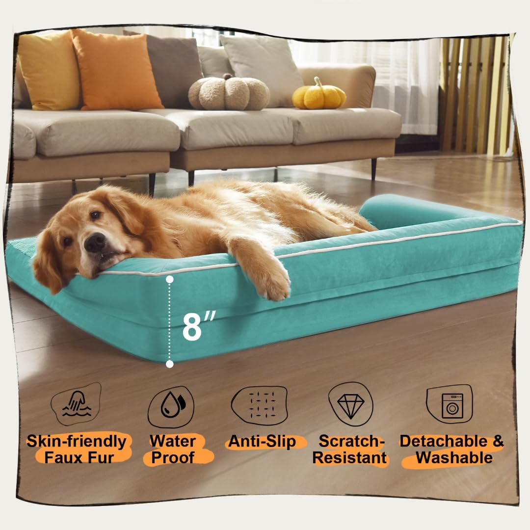 Large Dog Bed Orthopedic Washable, Orthopedic Dogs Bed with Removable Bolsters, Washable Beds for Large Dogs, Waterproof Pet Beds and Non-Slip Bottom, Extra Aqua Blue XXXLarge Dog Sofa