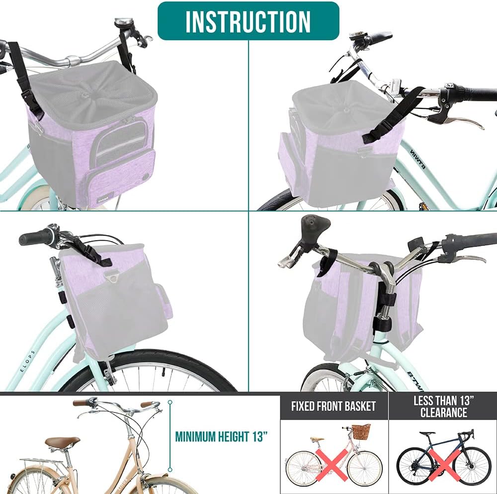 PetAmi Dog Bike Basket, Soft-Sided Ventilated Dog Bike Carrier Backpack, Pet Bicycle Basket for Bike Handlebar, Small Medium Puppy Cat Kitten Car Booster Seat with Safety Strap, Max 18 lbs, Purple