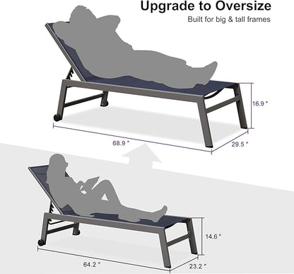 PURPLE LEAF Outdoor Chaise Lounge Set for 2 Oversized Pool Lounge Chairs with Easy-to-Move Wheels and Adjustable Backrest Extra Large Patio Loungers for Poolside Deck Beach Table Included, Navy Blue