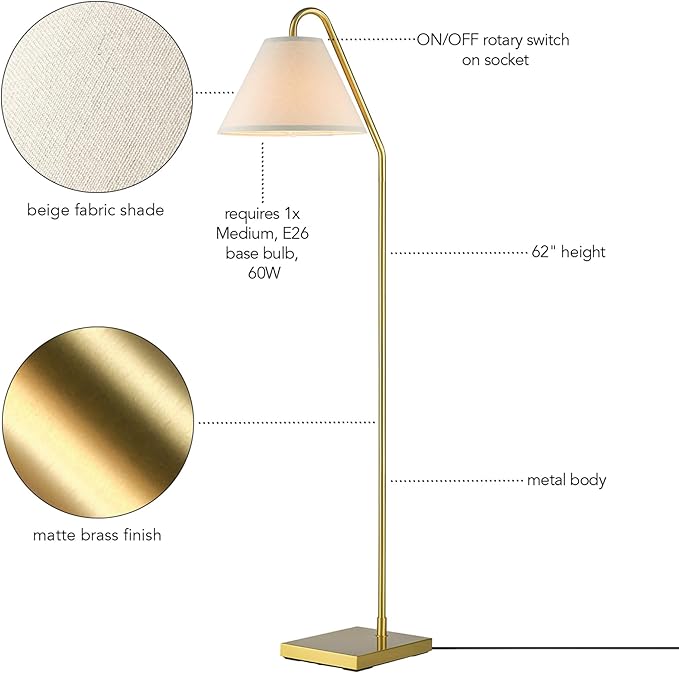 GLOBE Electric 62" Floor Lamp, Matte Brass Finish, Beige Fabric Shade, On/Off Rotary Switch, 6-Ft Clear Cord, Cozy Glam Style, E26 Base, 61000147