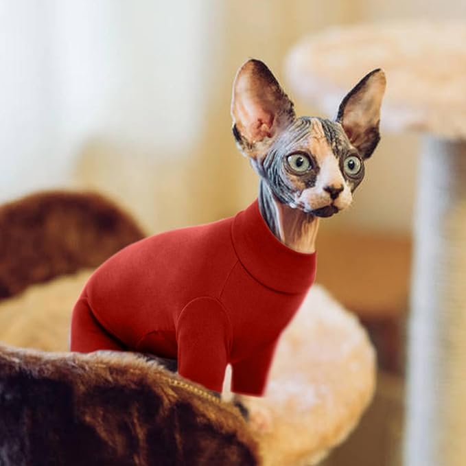 ROZKITCH Hairless Cat Clothes, Breathable Soft Cat Jumpers for Cats Only, Cat Coat with Four Legs, Warm Cat Sweater Cat T-Shirt Cat Pajamas Jumpsuit Vest Cornish Rex Devon Rex Peterbald Red XL