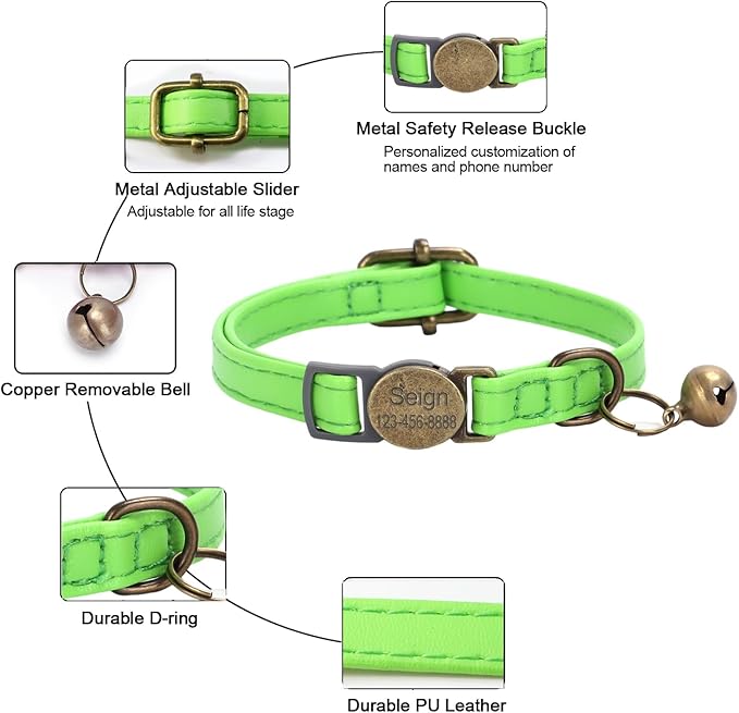 Cat Collar Breakaway, Personalized Leather Cat Collar with Bells-Adjustable Customized Collar with Name & Phone Number Tag for Girl Boy Cats-Quick Release Buckle for Cats & Kittens(LimeGreen)