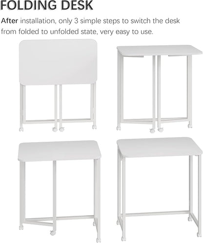 4NM 23.6" Mobile Small Rolling Computer Desk, Folding Laptop Cart Table with Wheels, Portable Office Desk for Small Space Couch Bed - All White