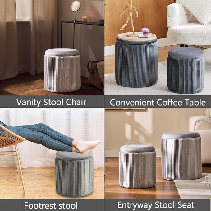 Round Ottoman with Storage Set of 2-Upholstered Velvet Vanity Stool for MakeupMultifunctional Ottomans Coffee Table Padded Seat Foot Rest for Living Room&Bedroom(Light Grey-Upgrade Tray Lid)