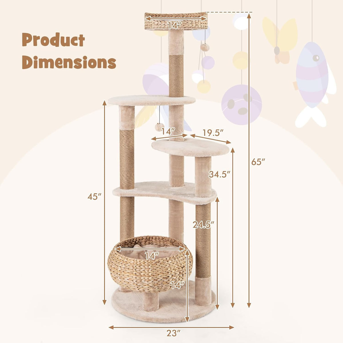 PETSITE 65 inch Cattail Cat Tree Tower, Multi-Level Cat Tower with Natural Jute Scratching Posts, Cat Bed, Top Perch, Dangling Balls and Jumping Platforms, Modern Tall Cat Tree for Indoor Cats