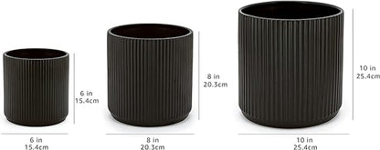 Amazon Basics Fluted Ceramic Planters for Indoor Outdoor Plants, Round Flower Pots with Drainage Hole, Set of 3, 6 inch, 8 inch, 10 inch, Black