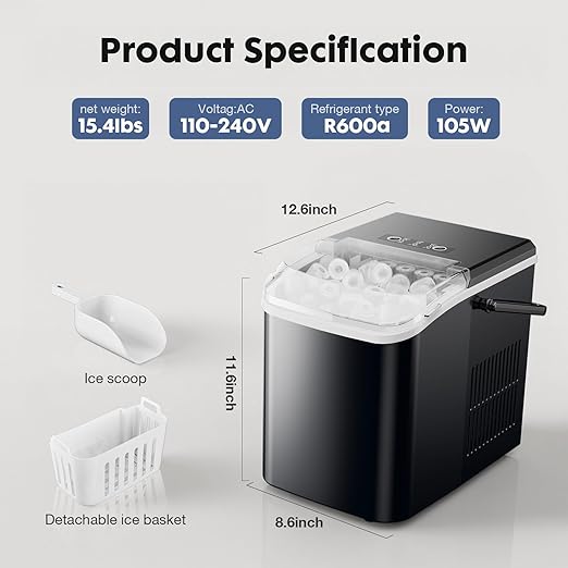Sweetcrispy Countertop Ice Maker Machine, Portable Self-Cleaning Ice Machine