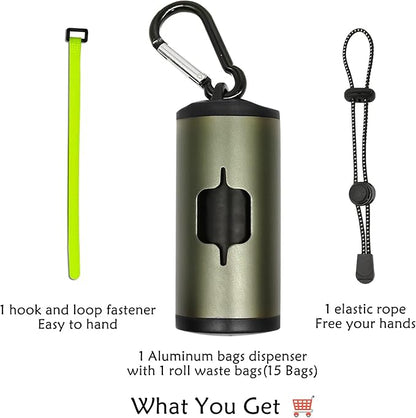 Metal Dog Poop Bag Holder Aluminum Dispenser for Leashes, Hiking & Travel, Lightweight Scratch-Resistant with 3 Attachments and 195 Bags (Olive Green, 1 Holder 15 Bags)