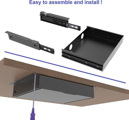 Under Desk Mounted Slide out Drawer, W 13.4" x D 9.3" Storage Organizer