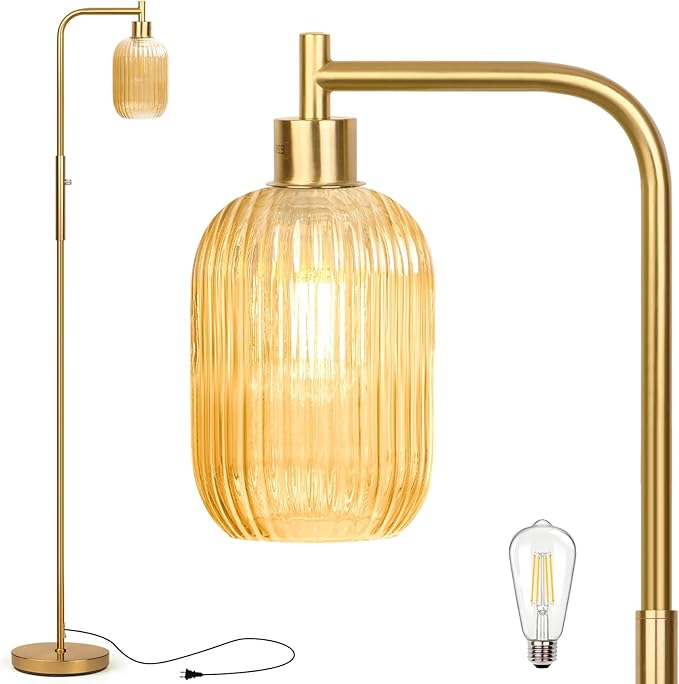 Glass Floor Lamp for Living Room, Dimmer Standing Lamp with Green Ribbed Lampshade,66” Tall Lamp & Gold Floor Lamp for Bedroom Study Room,Brushed Gold (Amber)