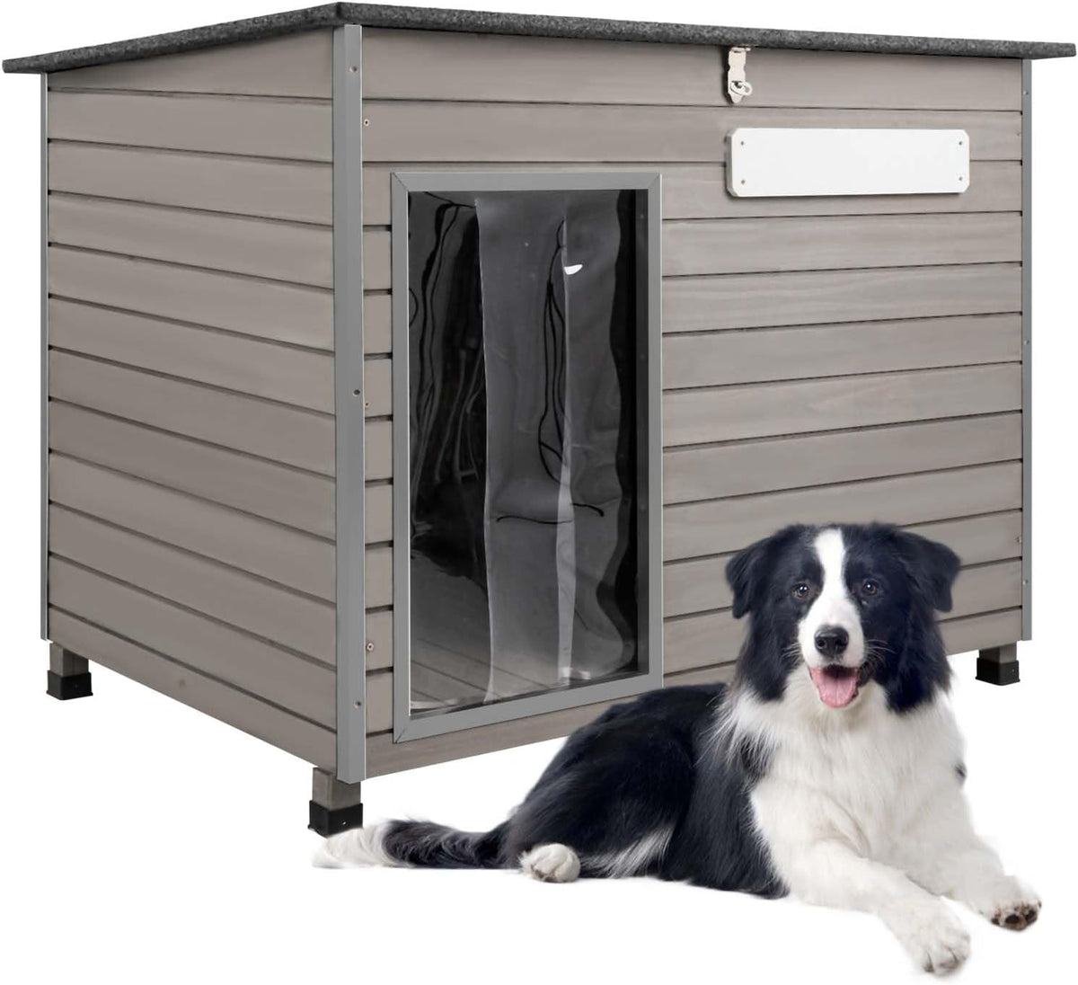 43.3" L Dog House Outdoor for Large Breeds Dogs Anti Chewing Iron Frames Dog Kennel Wooden Pet Houses for Indoor Outdoor with Weatherproof Roof,6 Elevated Feet, Reinforced Bottom Support