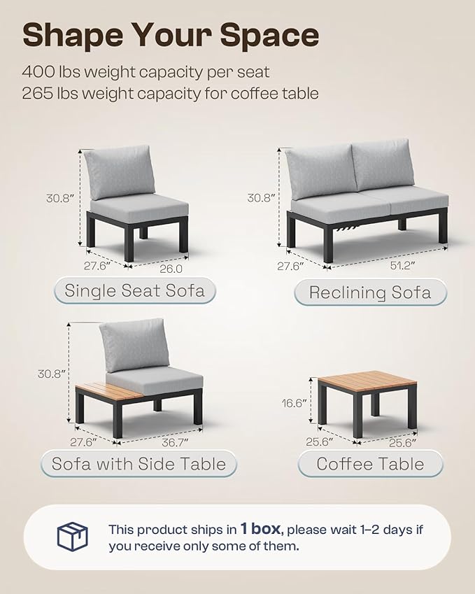 Oasbira Aluminum Outdoor Patio Sofa Set, 2 Seats Modular Sectional Reclining Loveseat Sofa with Adjustable Backrest & Removable Cushions, All-Weather Conversation Sets for Garden & Yard, Gray