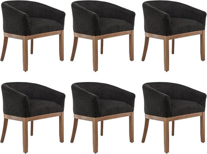 Shenyon Black Dining Chairs Set of 6, Upholstered Linen Fabric Dining Room Chairs with Arms and Solid Wood Legs, Comfy Barrel Accent Chairs for Dining Room, Living Room, or Cafe