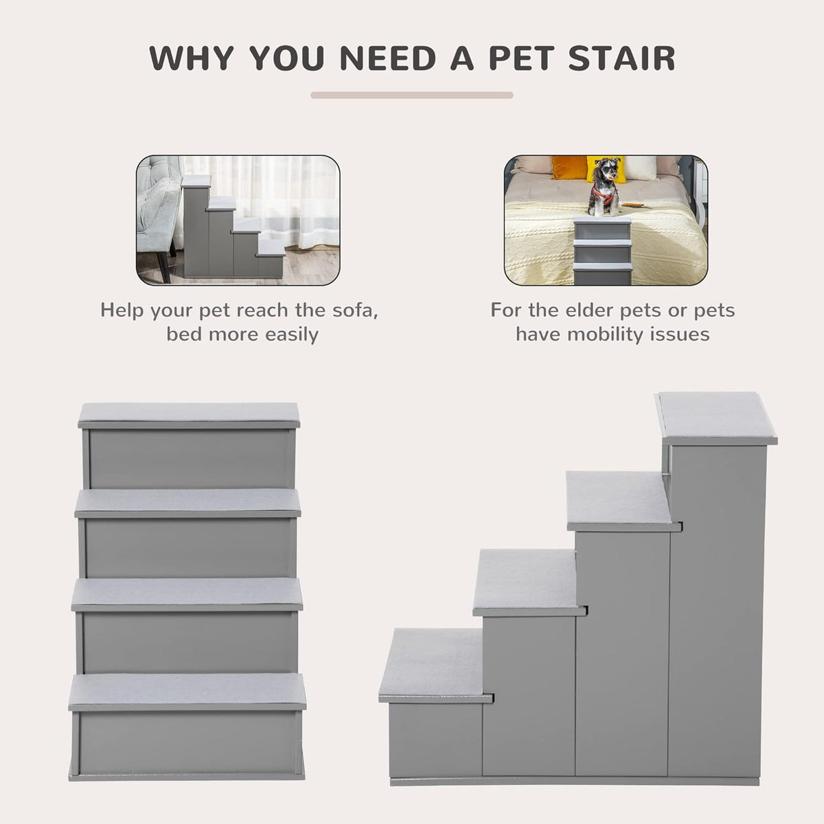 PawHut Pet Stairs, Small Pet Steps with Cushioned Removable Covering for Dogs and Cats Up to 22 Lbs., Grey
