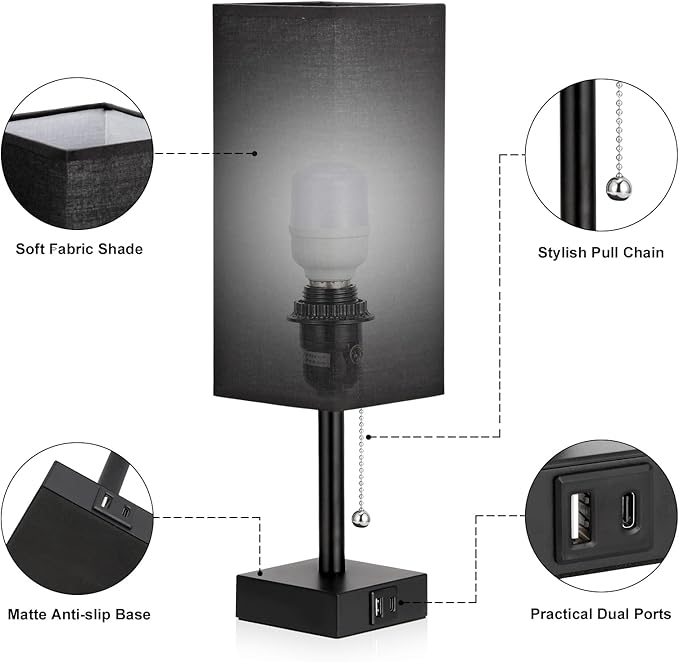 Bedside Table Lamps Set of 2 - Black Bedroom Lamps with 3 Color Temperatures (3000K/5000K/4000K), Two Square Nightstand Lamps with USB C + A Charging Ports, Pull Chain Small Night Light for End Table