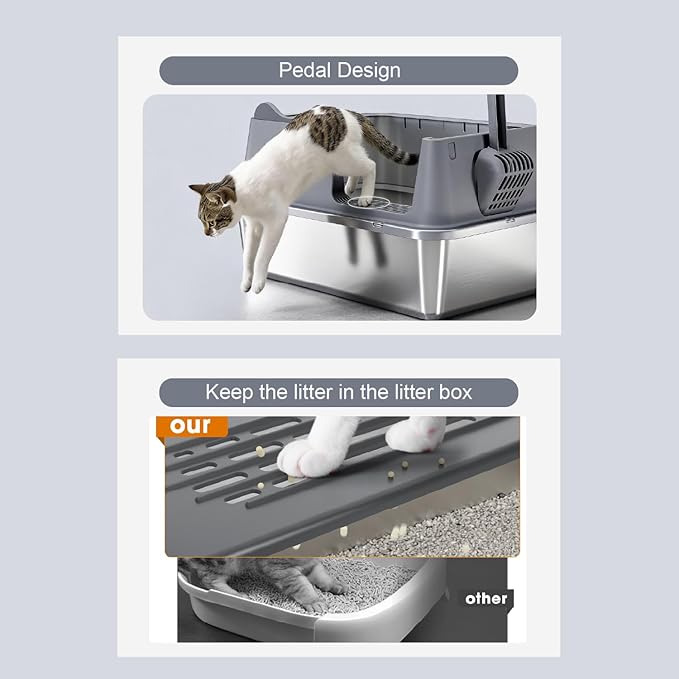 Stainless Steel Cat Litter Box, Open Top High-Sided Metal Litter Box with Scoop, Extra Large Litter Boxes for Kitty Kitten and Big Cats, Anti-Urine Leakage, Non-Sticky, Easy to Clean (Grey)