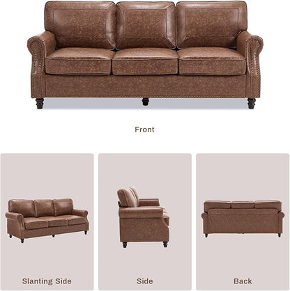 WILLOVE 79'' Faux Leather Sofas for Living Room, Mid Century Modern Couches with Rolled Arm & Nailhead Trim for Small Space, Apartment, Dark Brown