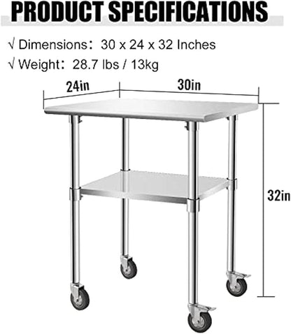 Stainless Steel Table - Metal Table Cart - Commercial Workbench with Caster Wheel - NSF Certified - for Restaurant, Warehouse, Home, Kitchen, Garage,30''x24''