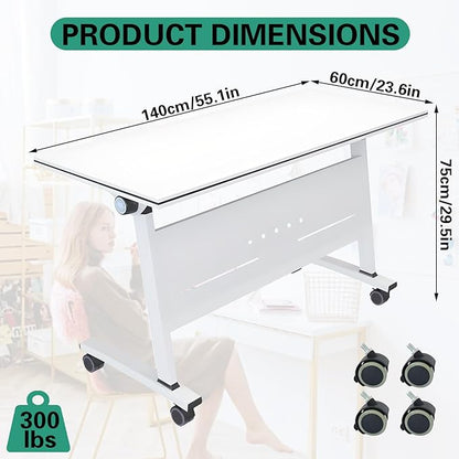 Folding Conference Room Tables, Flip Top Mobile Training Table with Wheels, Mobile Dynamic Meetings Training Tables, Portable Office Executive Desk, Rolling Seminar Meeting Table (3, White, 55.1in)