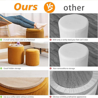 Round Ottoman with Storage Set of 2-Upholstered Velvet Vanity Stool for Makeup Multifunctional Ottomans Coffee Table Padded Seat Foot Rest (Yellow-Upgrade Taray Lid)